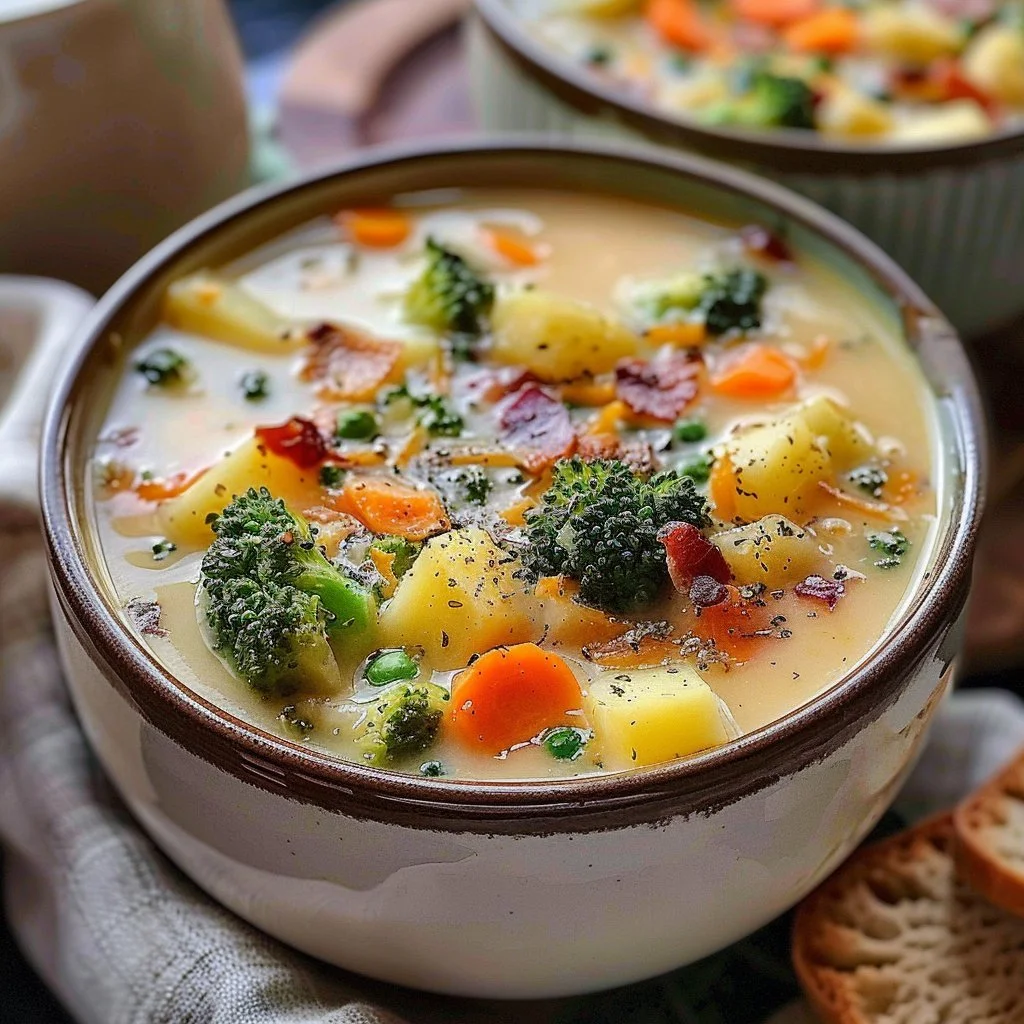 Bowl of creamy broccoli potato soup garnished with fresh parsley