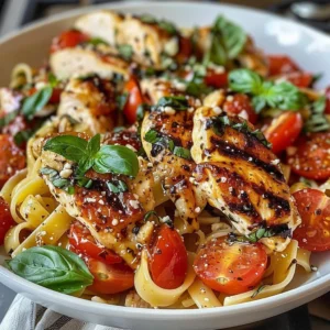 Bruschetta Chicken served with pasta, garnished with fresh tomatoes and herbs.
