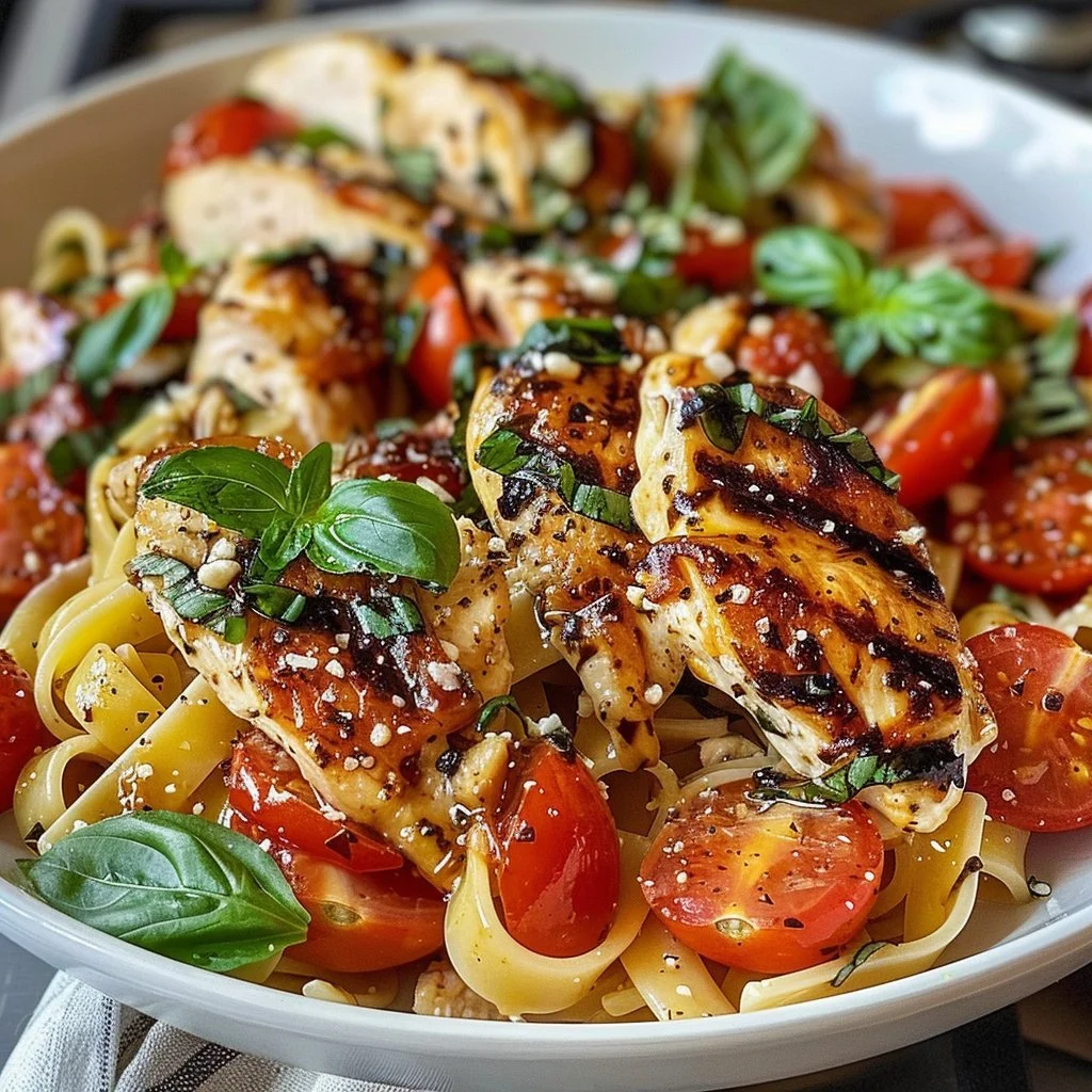 Bruschetta Chicken served with pasta, garnished with fresh tomatoes and herbs.