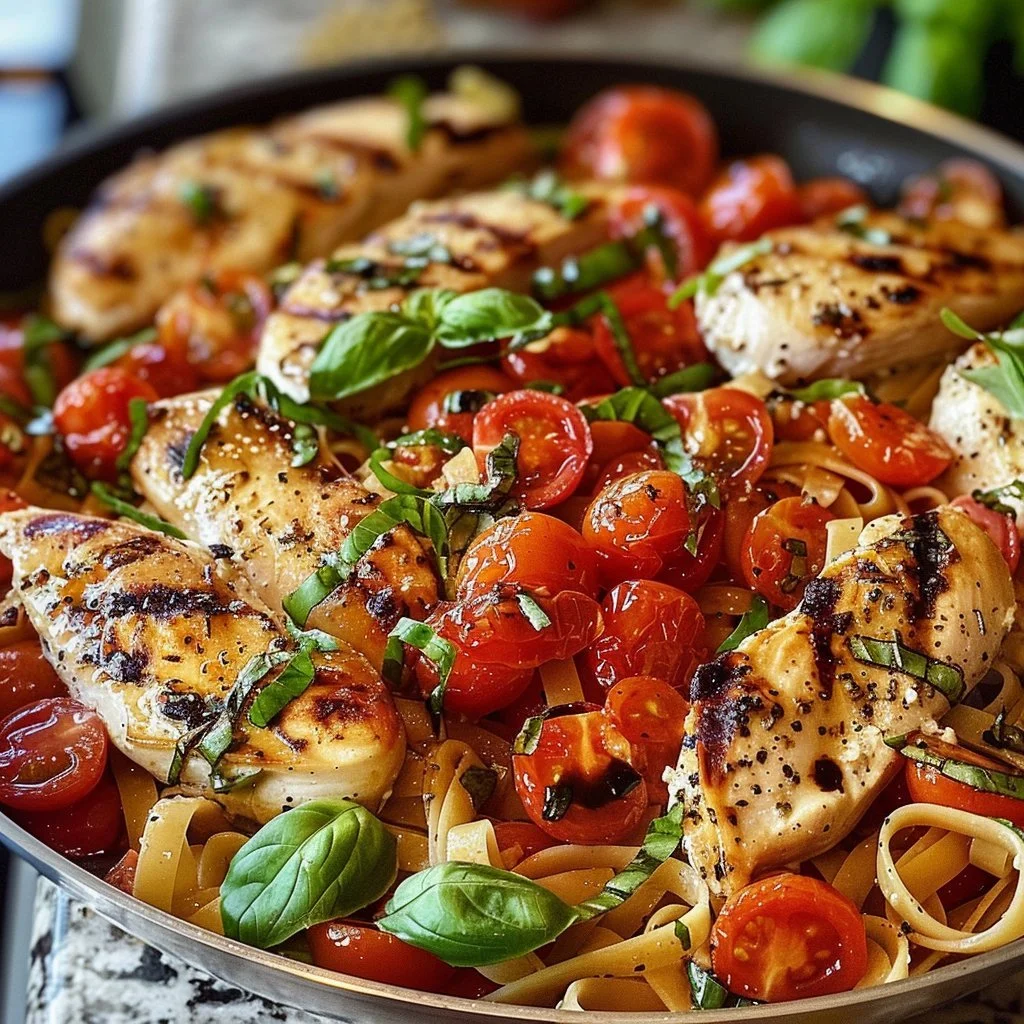 Bruschetta Chicken served with pasta, topped with fresh tomatoes and herbs.