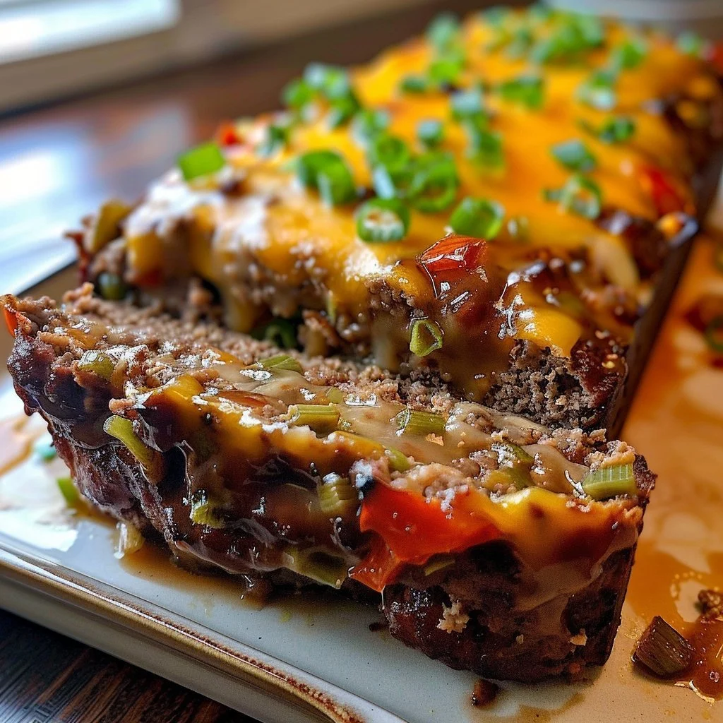 Delicious cheesesteak meatloaf served with toppings and sides