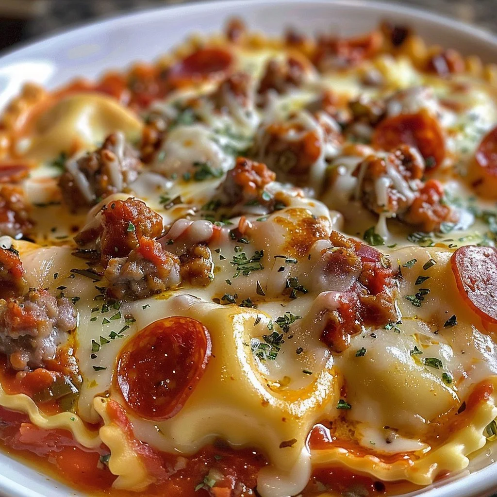 Delicious cheesy pizza ravioli bake fresh out of the oven
