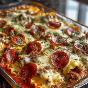 Cheesy Pizza Ravioli Bake served in a casserole dish with melted cheese
