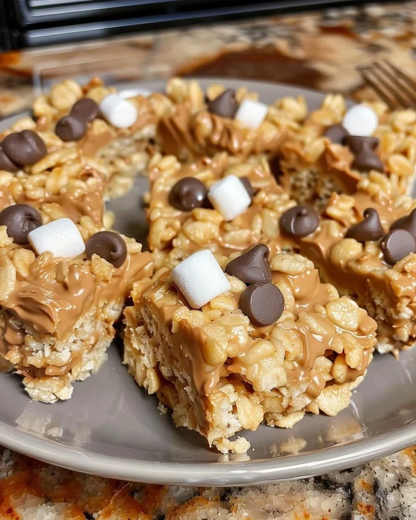 Delicious Chocolate Peanut Butter Rice Crispy Treats with chocolate drizzle.