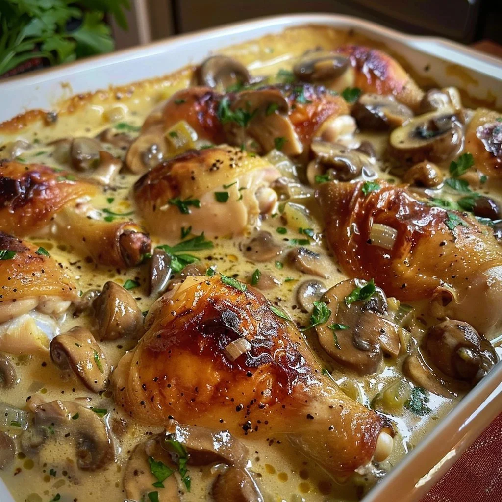 Creamy baked chicken with mushrooms served on a plate
