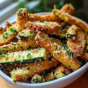 Plate of crispy Parmesan garlic zucchini fries served with dipping sauce.