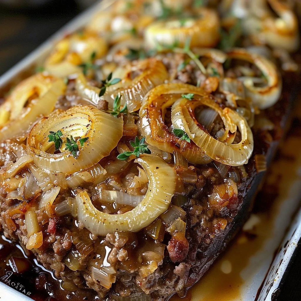 Crockpot French Onion Beefloaf served with onions and cheese
