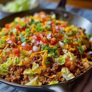 Ground beef taco cabbage skillet with fresh toppings in a skillet dish