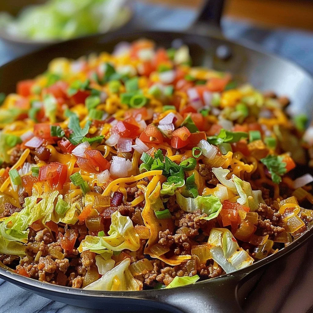 Ground beef taco cabbage skillet with fresh toppings in a skillet dish