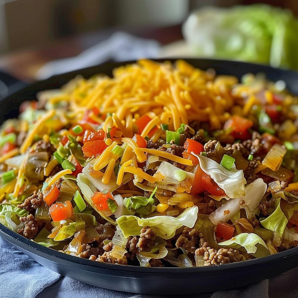 Ground beef taco cabbage skillet served in a pan with toppings