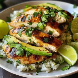 Honey Lime Chicken served with creamy avocado rice on a plate