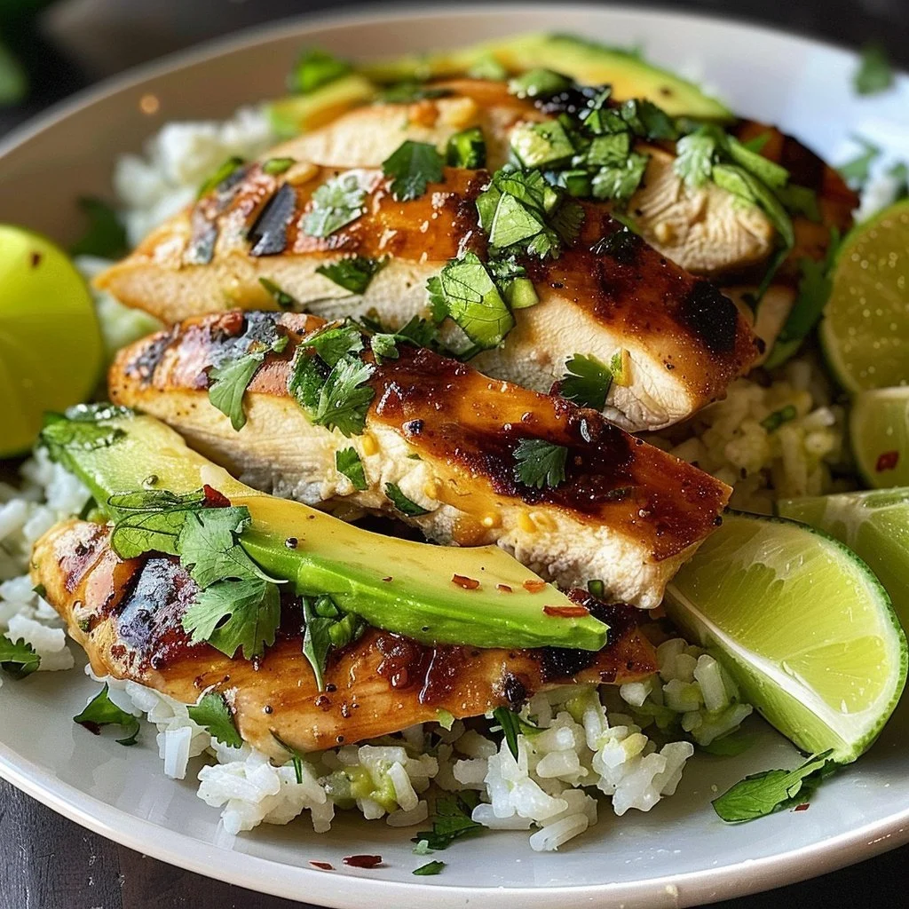 Honey Lime Chicken served with creamy avocado rice on a plate