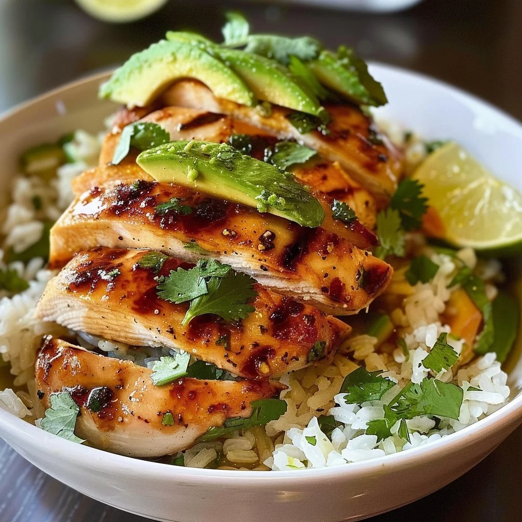 Plate of honey lime chicken served with avocado rice and fresh lime slices
