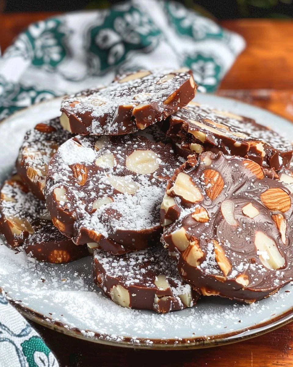 Delicious Italian Chocolate Salami with chocolate and nuts on a wooden board