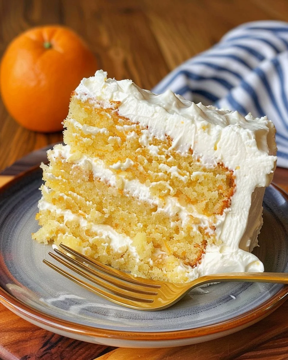 Mandarin Orange Cake topped with pineapple frosting on a plate