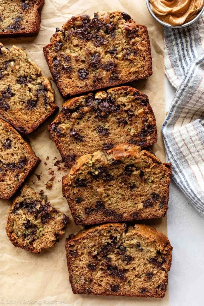 Peanut Butter Chocolate Chip Zucchini Bread with chocolate chips and zucchini slices