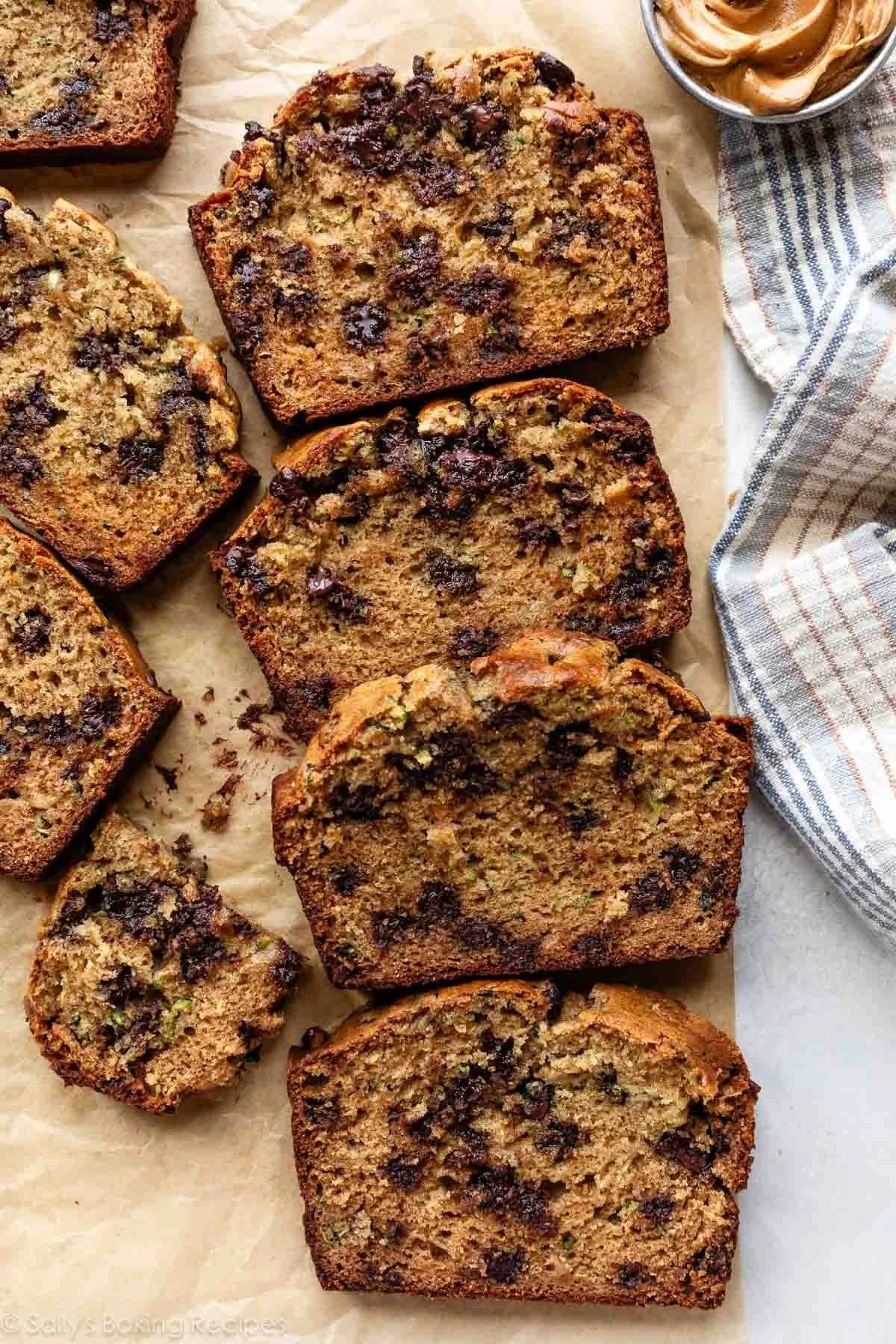 Peanut Butter Chocolate Chip Zucchini Bread with chocolate chips and zucchini slices