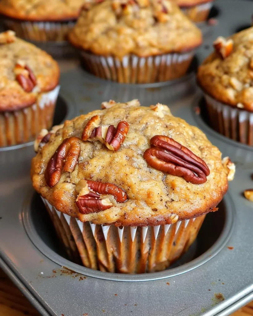 Freshly baked Pecan Banana Muffins with pecans and ripe bananas