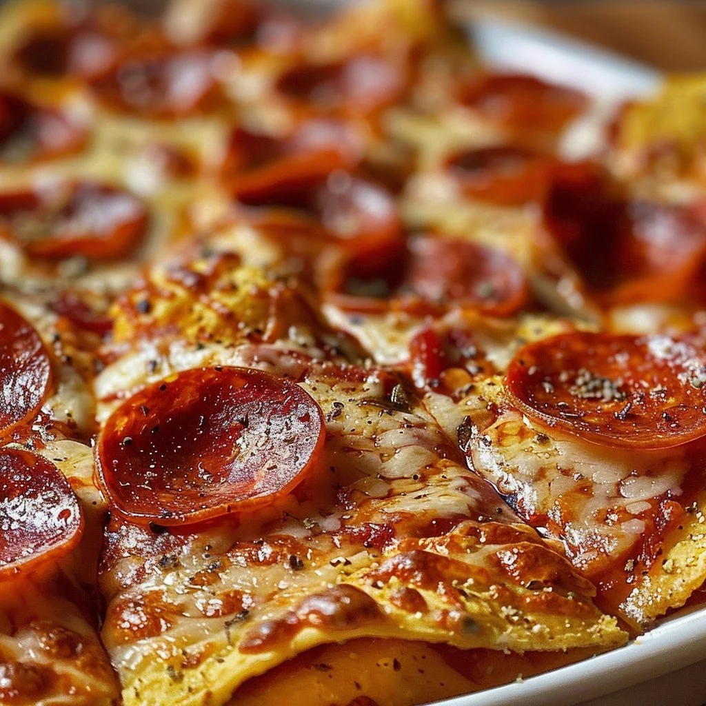 Crispy and cheesy pizza chips with pepperoni flavor
