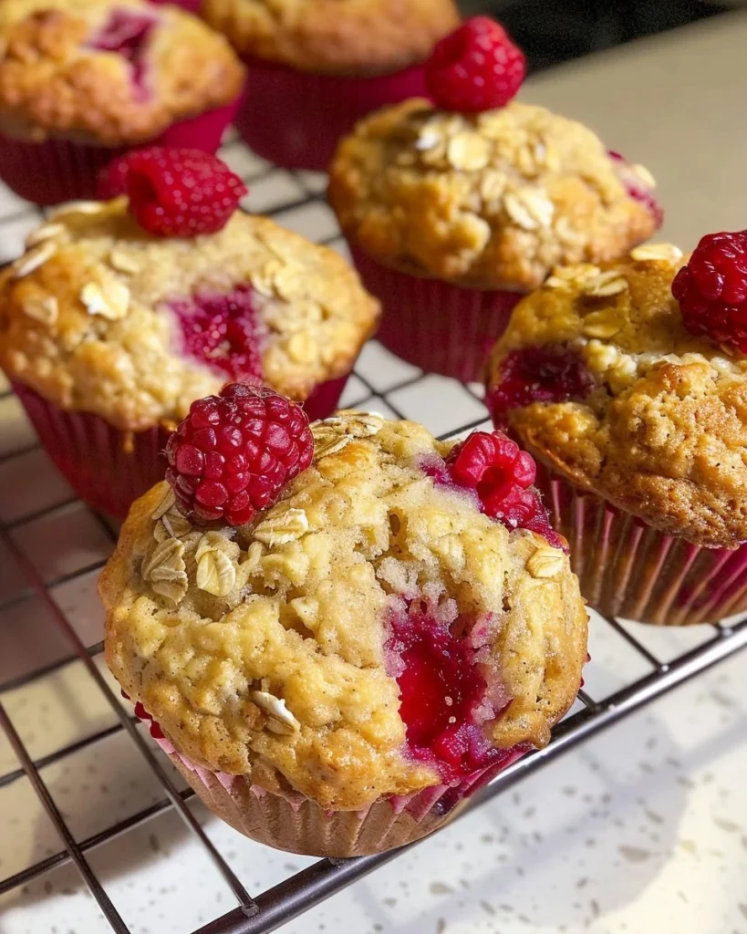 Freshly baked raspberry oatmeal muffins on a cooling rack