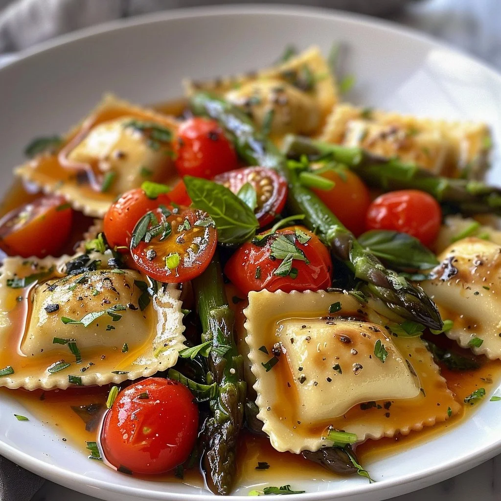 Ravioli dish with tomatoes, asparagus, and fresh herbs garnish