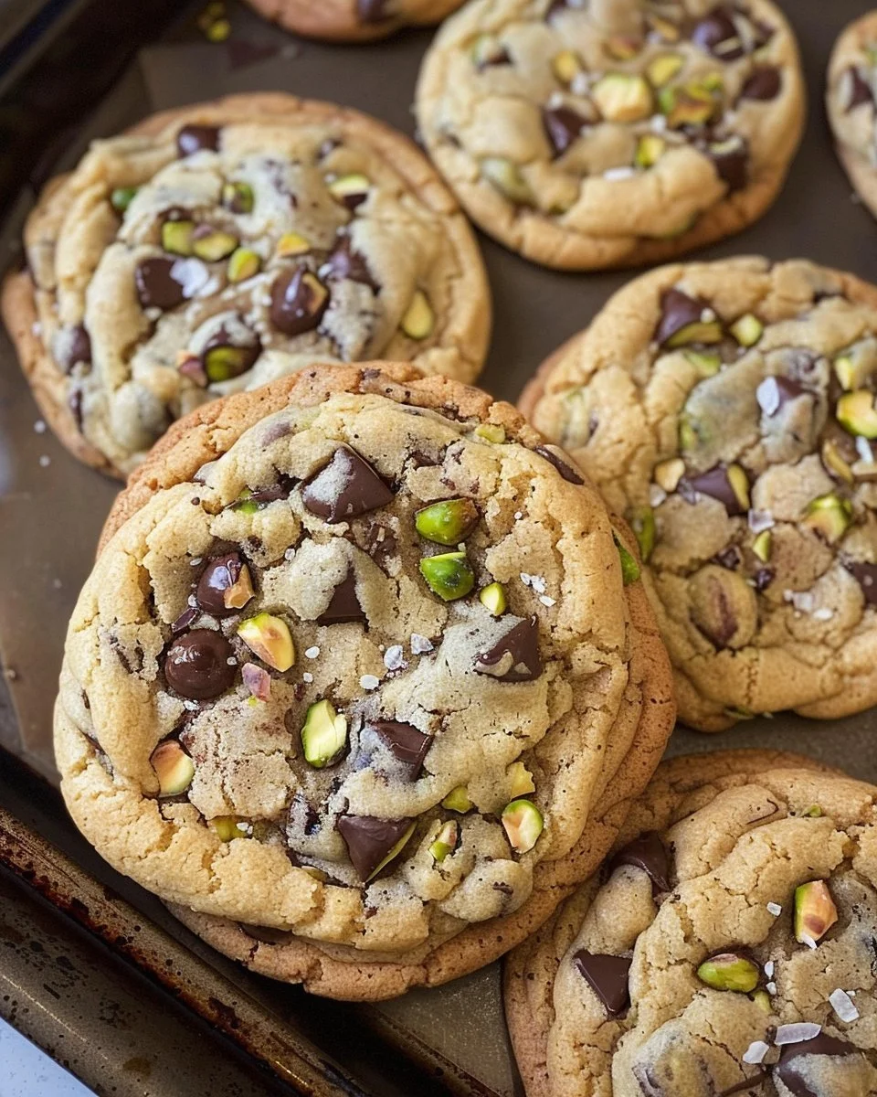 Freshly baked salted pistachio dark chocolate chip cookies on a cooling rack