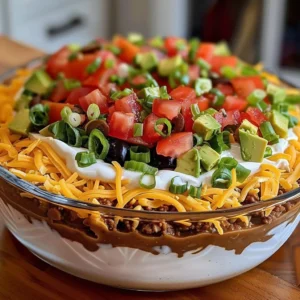 Delicious seven-layer taco dip served in a colorful dish