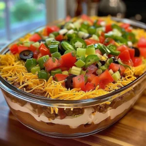 A colorful Seven-Layer Taco Dip served in a dish with ingredients visible.