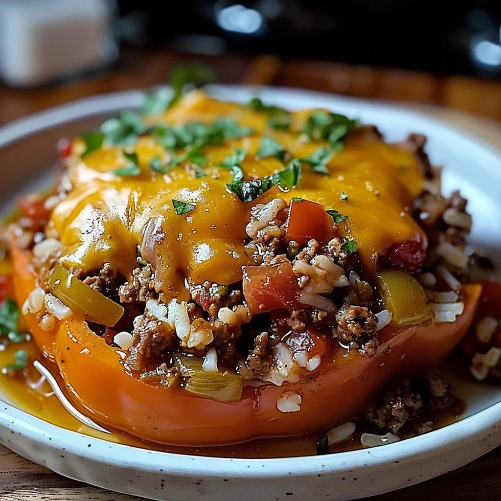 Hearty stuffed pepper casserole made with ground beef and colorful bell peppers