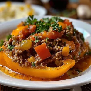 Delicious stuffed pepper casserole with beef, peppers, and rice