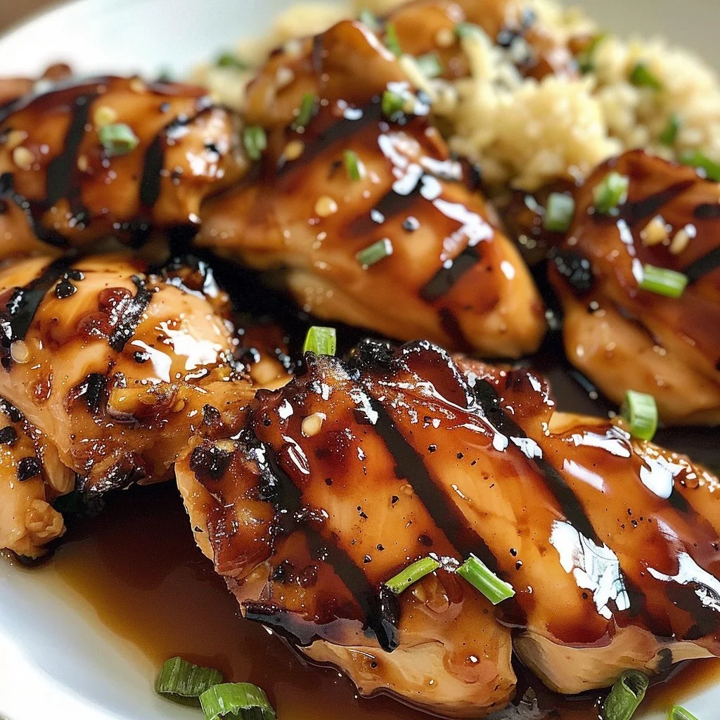 Sweet Grilled Teriyaki Chicken on a platter garnished with sesame seeds and green onions