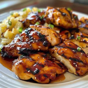 Delicious sweet grilled teriyaki chicken served on a plate with vegetables