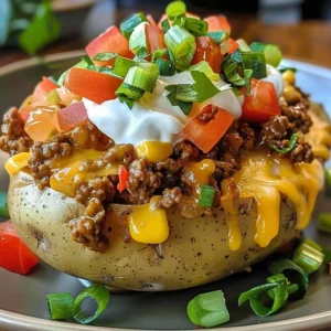 Taco Loaded Baked Potatoes topped with cheese, jalapeños, and sour cream