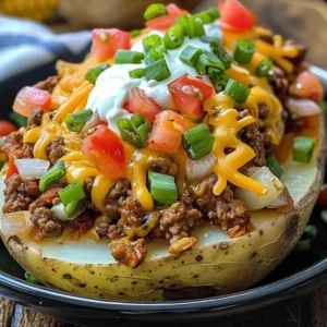 Delicious Taco Loaded Baked Potatoes topped with cheese and fresh ingredients