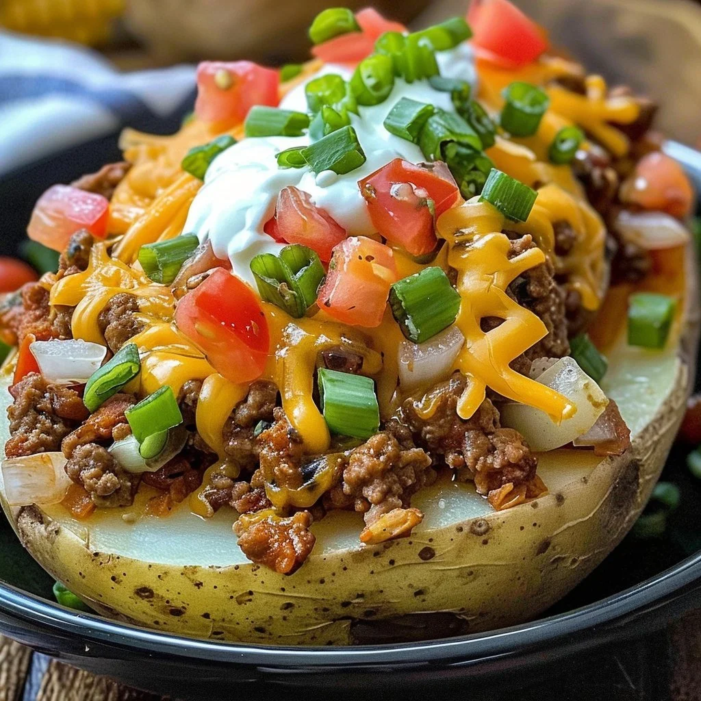 Delicious Taco Loaded Baked Potatoes topped with cheese and fresh ingredients