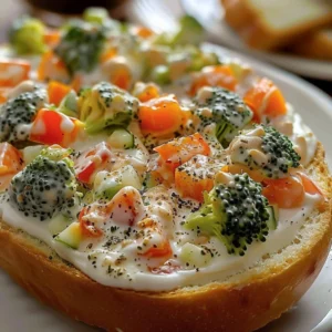 Veggie cream cheese spread on a bagel topped with fresh vegetables.
